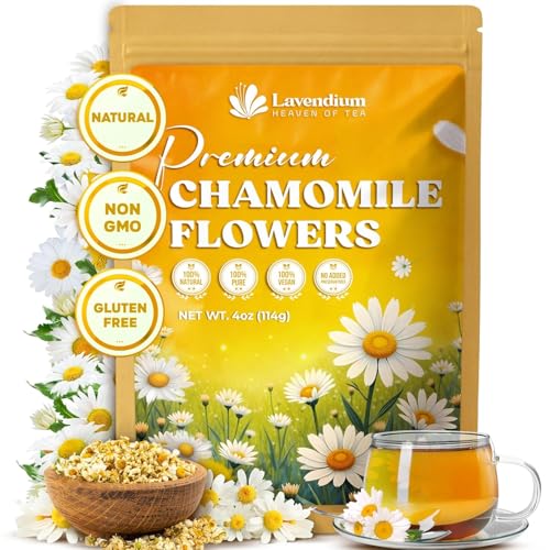 Image of Lavendium, Premium 4oz Dried Chamomile Flowers, 100% Natural & Pure Whole Chamomile Blossoms, No Additives or Preservatives, Non-GMO, Plant-Based & Vegan, Perfect for Herbal Tea & Infusions