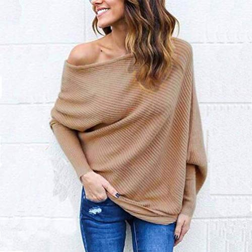 VOIANLIMO Women's Off Shoulder Knit Jumper Long Sleeve Pullover Baggy Solid Sweater Khaki M - Thumbnail 2