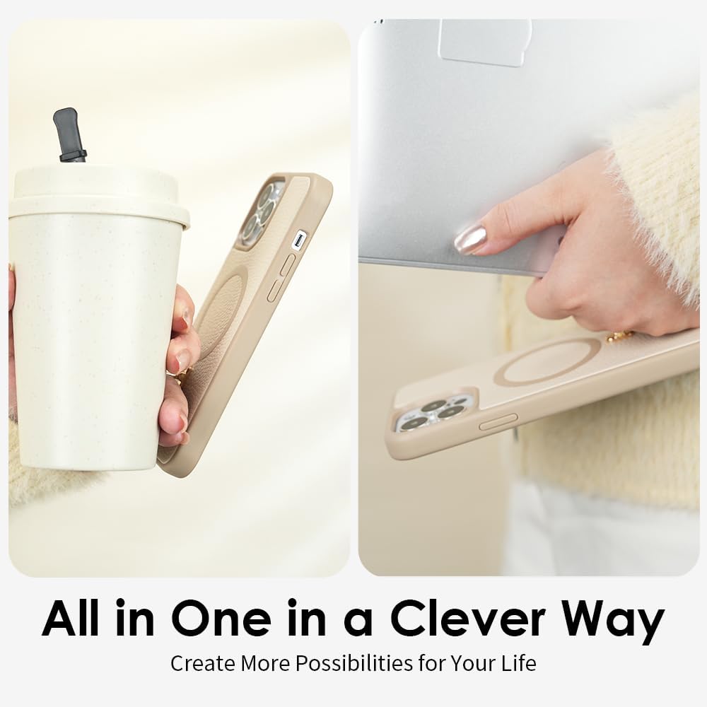 CUSTYPE for iPhone 14 Pro Max 6.7" Case with Stand, Slim Leather Cover with 2-Way Kickstand, Compatible with MagSafe, Protective Case with Magnetic Feature for Women – Beige