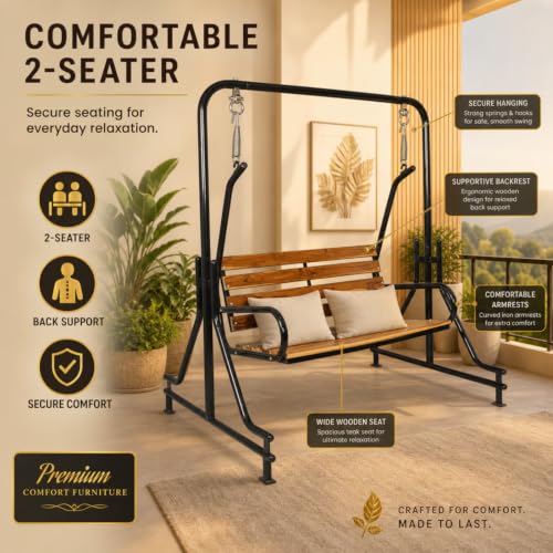 Image of Indoor Teak Wood Swing - Balcony Room Jhula with Iron Pipe, 2 Seater, 117 cm