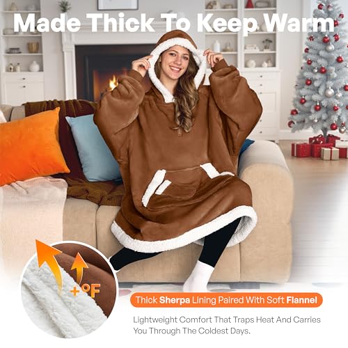 Image of Giggling Getup Wearable Blanket Hoodie for Women Men Gifts for Women Mom Wife Sherpa Fleece Hooded Blanket Sweatshirt Warm Cozy Sherpa Wearable Throw with Pocket & Sleeves for Adult Standard Caramel