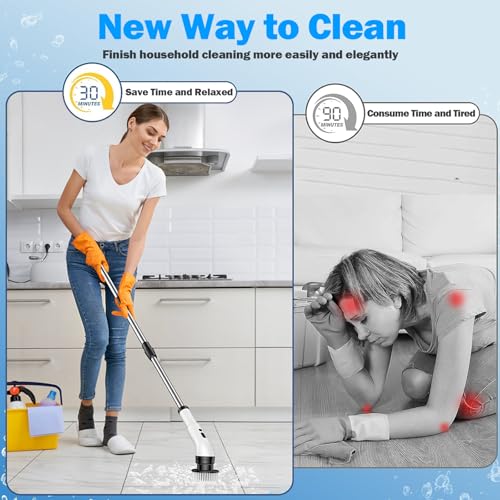 Image of Electric Spin Scrubber, IPX7 Waterproof Floor Shower Scrubber with 9 Replaceable Brush Heads, 3 Speeds Cordless Bathroom Scrubber with Adjustable Handle for Bathroom, Tub, Tile, Floor, Kitchen