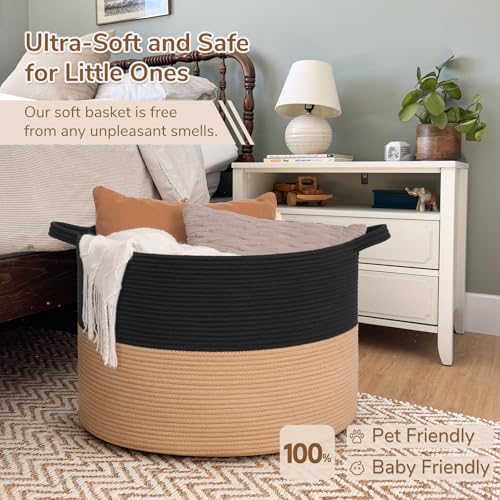 Image of INDRESSME 115L Extra Large Cotton Rope Blanket Basket for Nursery, Boho Decor Baby Laundry Baskets for Kids Toy Organizer Storage Bin for Dirty Clothes Pillows Towel, Black & Camel