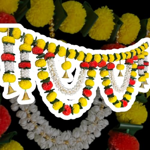 Image of iHandikart Handmade (40 * 12 Inch) Jasmine & Marigold Bandanwar with Green Leaves and Golden Bells Traditional Door Bandanwar for Makar Sankranti, Lohri, Festive Home & Housewarming Decor (B0070)