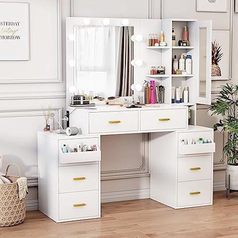 PAKASEPT Makeup Vanity Desk with Mirror and 3-Color Lights, Large Vanity Desk with Charging Station, Vanity Table with 8 Drawer & Glass Cabinets & Storage Shelves, Nightstand Cover