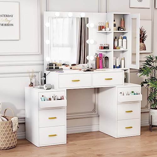 PAKASEPT Makeup Vanity Desk with Mirror and 3-Color Lights, Large Vanity Desk with Charging Station, Vanity Table with 8 drawer & Glass Cabinets & Storage Shelves, Nightstand