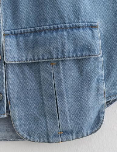 Perbai Womens Cropped Button Down Shirt Summer Collared Sleeveless Loose Denim Top with Pockets4