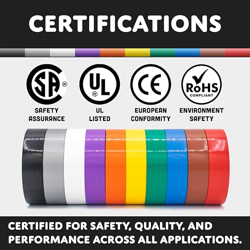 Image of TradeGear Rainbow Glossy 10 Pack - UL Listed Colored Electrical Tape, 60 ft x 3 /4 in, 600V, Flame Retardant, Waterproof, Rubber Adhesive - Phase Marking & Wire ID Kit