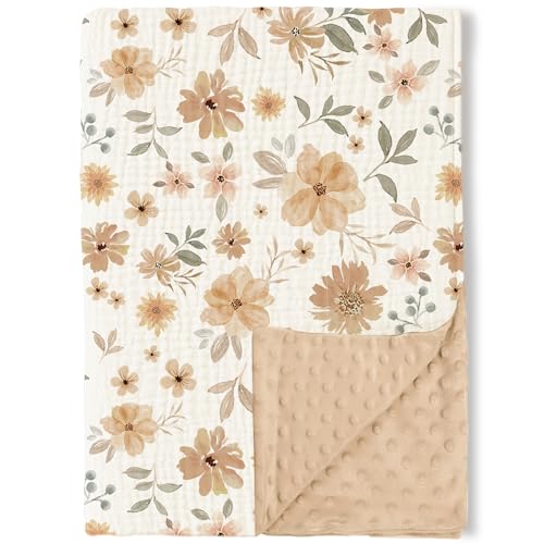 Image of Konssy Baby Blankets for Unisex Boys Girls, Super Soft Nursery Minky Blankets with Muslin Cotton Front and Dotted Fleece Backing, Printed Bed Throws Newborn