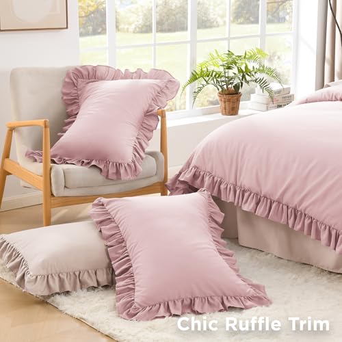 Image of Litanika Grayish Pink Queen Comforter Set, 3 Pieces Ruffle Farmhouse Aesthetic Bedding Comforter Set, All Season Soft Lightweight Fluffy Microfiber Bed Set(90x90In Comforter, 2 Pillowcases)
