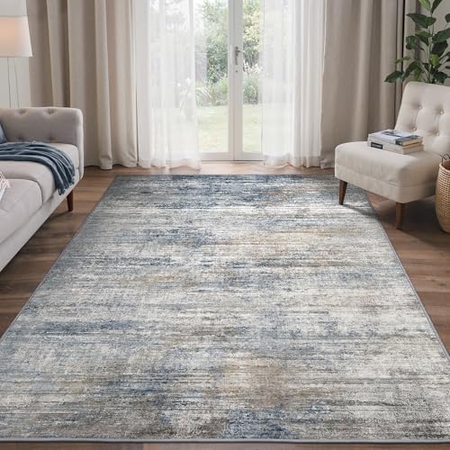 Image of BEIMO Area Rugs 8x10 for Living Room Bedroom, Modern Abstract Machine Washable Rug, Large Soft Low Pile Floor Carpet with Non Slip Backing for Dining Room, Denim Blue /Taupe