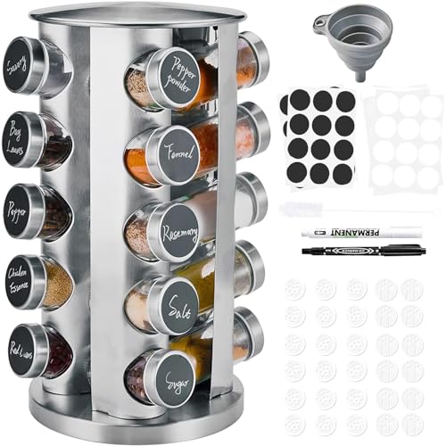 Miorkly kryddhylla, kryddkarusell med 20 kryddburkar, 360° roterbart kryddställ i rostfritt stål, kryddburkar med ströinsats, kryddbehållare i rostfritt stål, kryddburkar, rund kryddströare