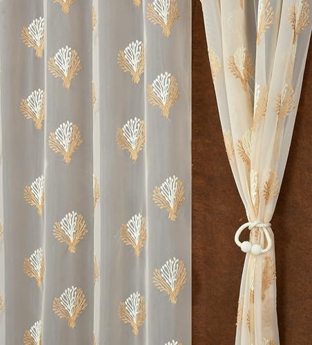 Image of littlelotus Floral Embroidery Tissue Net Sheer Transparent Curtains for Door 9 feet Long Set of 2, Cream