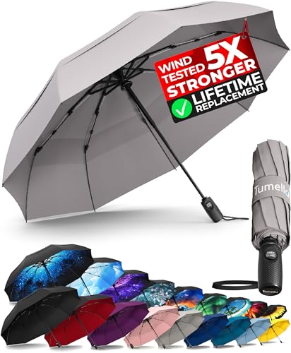 Image of TUMELLA Strongest Windproof Travel Umbrella (Compact, 100MPH Wind-Tested), Light, Portable, One-Handed Use, Automatic Folding Rain Umbrella, Durable, Premium Grip, Fits Car & Backpack