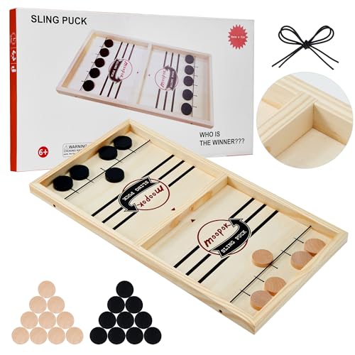 moopok Fast Sling Puck Game - Fast Action Super Foosball Table Desktop Battle Slingshot Wooden Air Hockey Board Game -Guaranteed Fun for Family Game Night or Friends Party