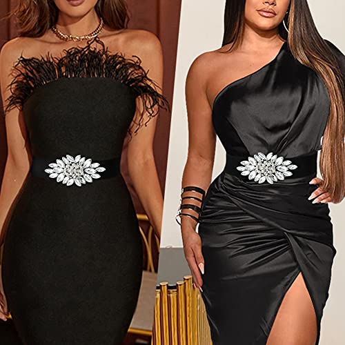 E-Clover Fashion Floral Rhinestone Buckle Women's Elastic Waist Cinch Belt For Dress For Waist Size 25''-32'' (White Rhinetsone) #TOP2