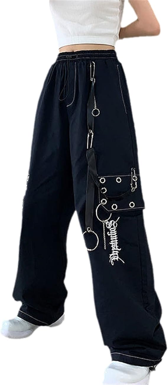 TZFCHRCOV Gothic Harajuku Black Cargo Pants Women Chain