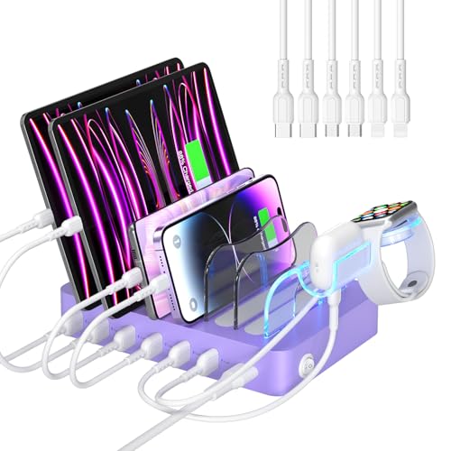 Station de charge USB multiprise 50W avec câbles pour téléphone et tablette pourpre