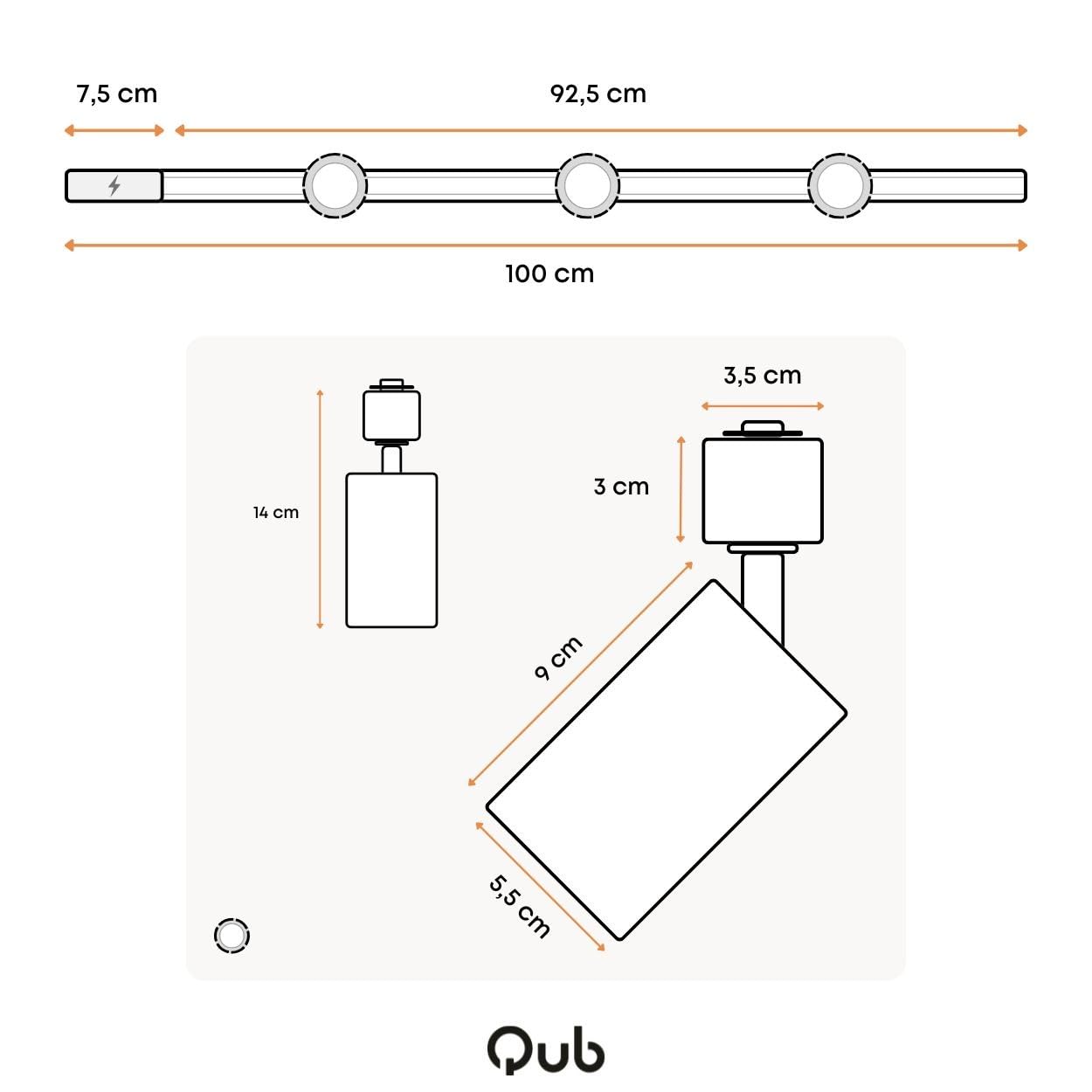 Qub Focus III Monophasé Luminaire Plafonnier LED – 100cm - 3x GU10 Spot Sur Rail - 1x 1m Barre de Spot Plafond – I-Form - Plafonnier intérieur Noir/Or Moderne – Spots et Rails de Spots