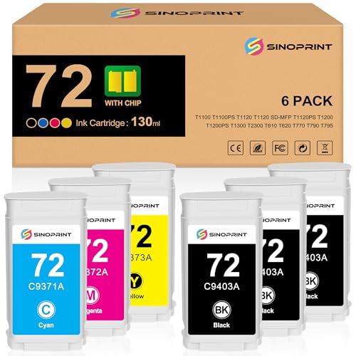 Image of 72 Ink Cartridges Replacement for HP 72 C9403A C9370A | C9371A C9372A C9373A C9374A for DesignJet T770 T790 T795 T610 T620 T1100 T1120 T1200 T1300 T2300 (130 ml, 6-Pack)