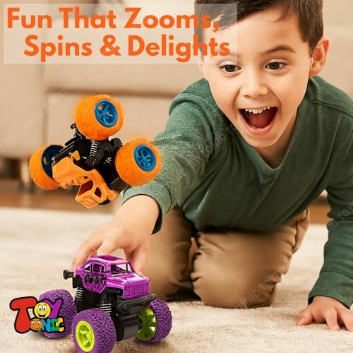 Image of TOYTONIC 4x4 Mini Monster Trucks for Kids - Push & Go Friction Powered Cars | 360 Stunt Spin Action | Pack of 2 Off-Road Vehicles | Toy Cars for Boys Ages 3-8 | Birthday Gift (Colors May Vary)
