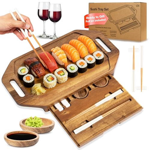 Sushi Tray for Two with Sushi Kit – Serving Tray with Handles & Sushi Set, 17x10in Sushi Plate, Valentine Gifts for Men – Best Housewarming Gift or Valentines Gifts for him