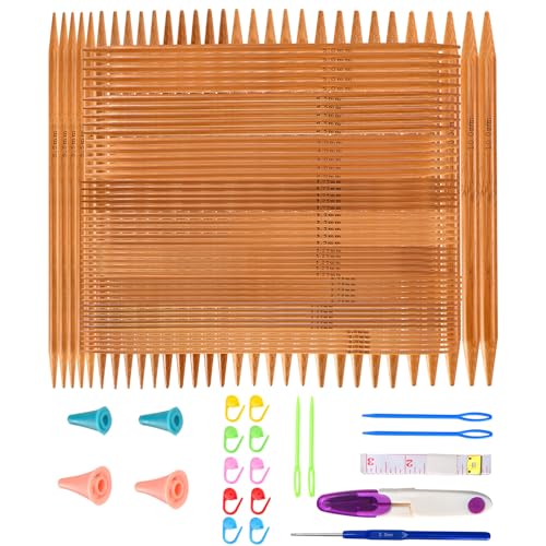 Double Pointed Knitting Needles Set 75 Pcs Wooden Bamboo Knitting Needles Kit 15 Sizes from 2.0mm-10.0mm with Small Tools Straight Wood Needles for Beginners Making Sweater Scarf Sock Weave