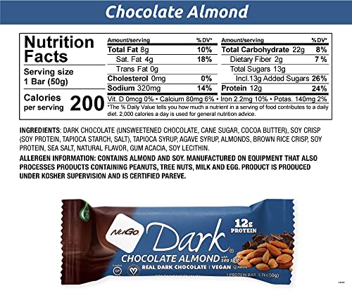 Image of NuGo Dark Chocolate Almond w /Sea Salt, 12g Protein Bar, Vegan, Gluten Free, Non-GMO, Kosher Pareve, 12 Count