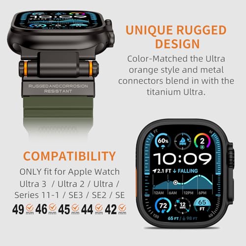 Image of FOAMUNOC Rugged Band Compatible with Apple Watch Ultra 3 /2 /1 Band 49mm /46mm /45mm /44mm /42mm, Metal Connector with Strap for iWatch Ultra Series 11 /10 /9 /8 /7 /6 /SE3 /SE2 /SE /5 /4 /3 /2 /1, Army Green /Black