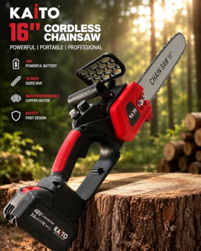 Image of KAITO 16-Inch Cordless Brushless Chainsaw | 48 V | 1300 W | 15000 RPM | 2 x 3.0 Ah Batteries | for Tree Cutting & Gardening