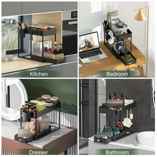 Estante para gabinete de lavabo expandible de 2 niveles, organizador bajo lavabo de acero inoxidable, sin herramientas, resistente al óxido y de alta resistencia (Negro) miniatura 4