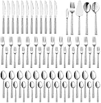 65-Piece Silverware Set with Serving Pieces, E-far Stainless Steel Hammered Flatware Eating Utensils Service for 12, Modern Tableware Cutlery Set with Square Edge, Mirror Polished, Dishwasher Safe