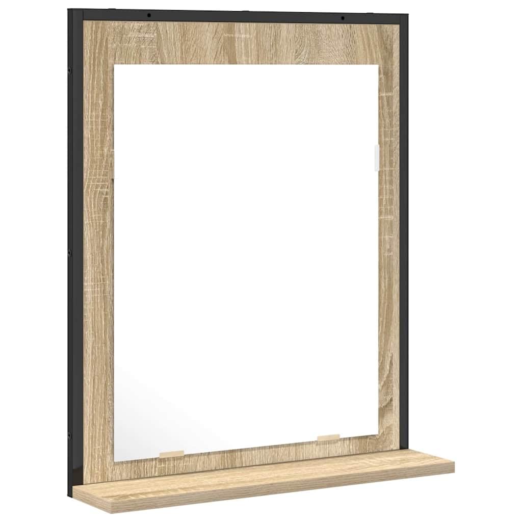 Specchio Da Parete Bagno Nero 50x60 Cm Con Mensola Legno | Vetro Piano, Telaio In Legno Ingegnerizzato, Durevole, Per Bagno Residenziale O Hotel