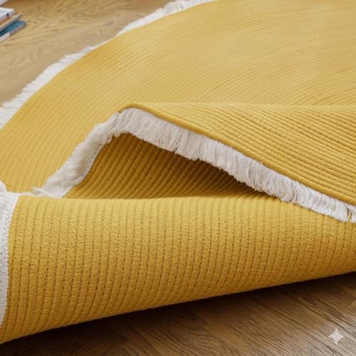 Image of Cotton Round Carpet 3x3 feet - Handmade Braided Boho Rug for Living Room, Bedroom & Balcony - Soft Washable Floor Mat, Color -Yellow