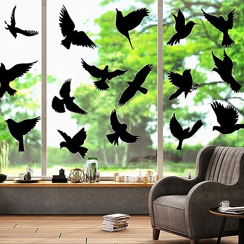 AUAUY 48PCS Anti-Collision Window Stickers, Large Size PVC Self-Adhesive Bird Shape Window Clings, Alarm Birds Window Stickers to Prevent People and Bird Strikes on Window Glass(12 Sheets Black)