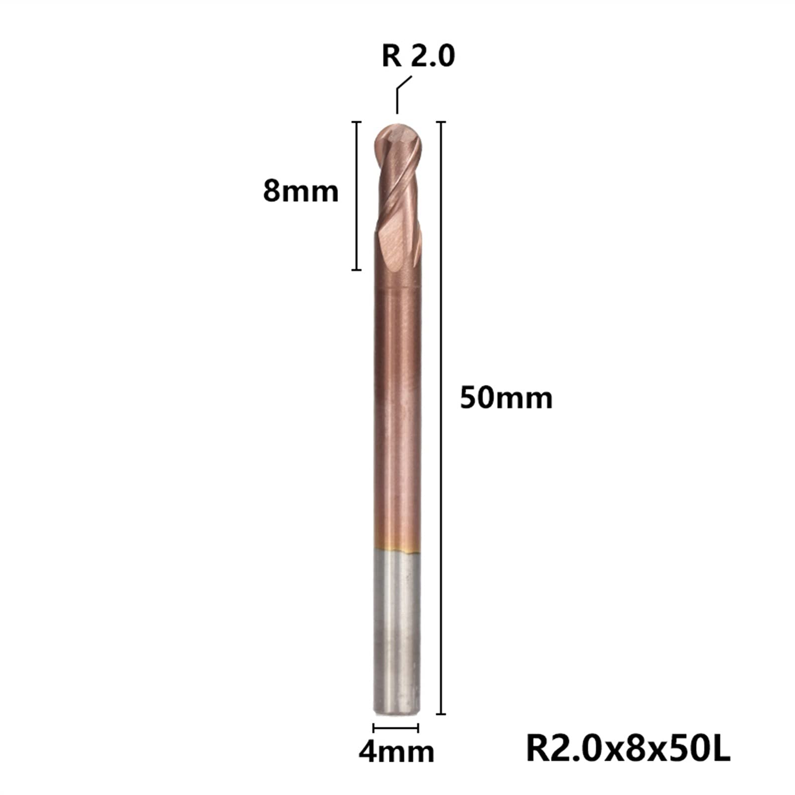 SUOFEILAIMU-PHONE CASE Metal 2 Flute Ballnose End Mill R0.5-R6.0 TiCN Coating Spiral Milling Cutter CNC Router Bit (Cutting Edge Length : R2.0xD4x50L)