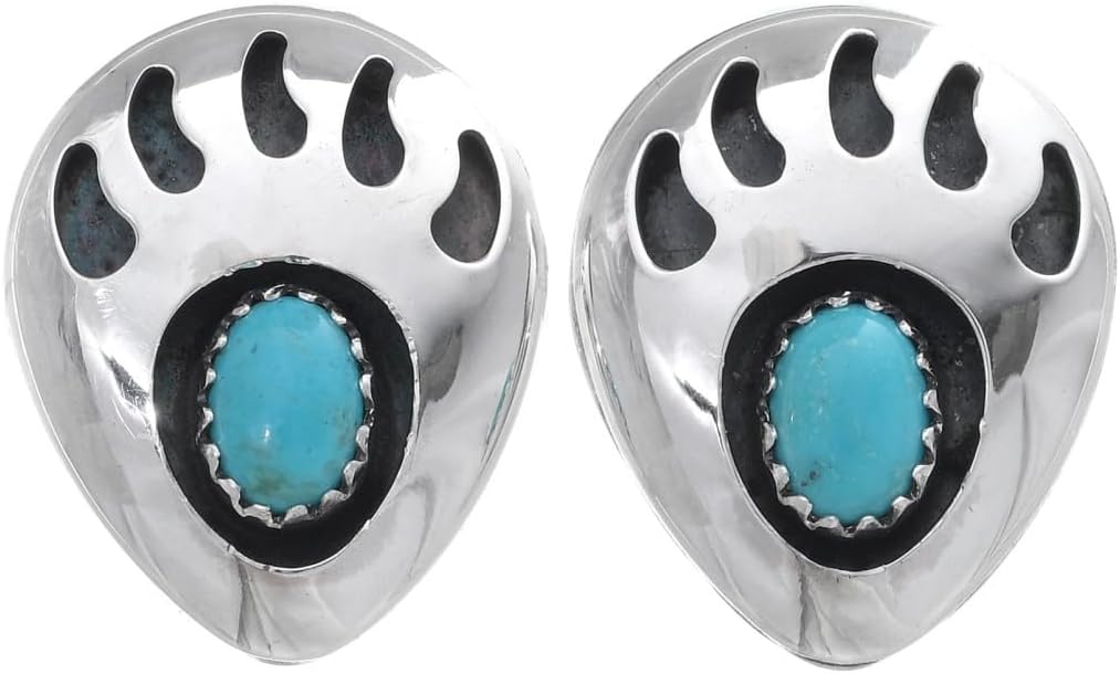 Alltribes Native American Turquoise Silver Post Earrings Sterling Shadowbox Bear Paw Design 3677