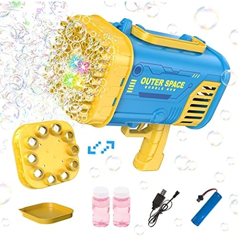 Double-Headed Bubble Machine Gun, Switchable 80-Hole/ 10-Hole Rocket Boom Bubble Gun with LED Lights, Bubble Maker Toy for Kids Toddlers Age 3 4 5 6 7 8 Outdoor Birthday Wedding Party Gift (Blue) Cover