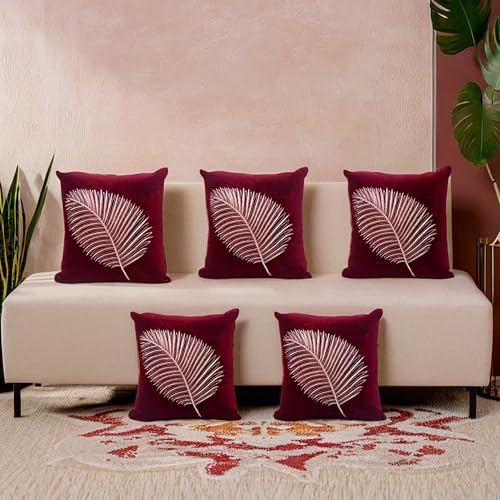 Decoghar Handmade Cushion Covers | Wine | Golden Zari Leaf Embroidered Square Throw Pillow Cushion Cover | 18 X 18 Inch | Set of 5
