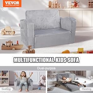 VEVOR Kids Couch, Toddler Chairs Comfy, 2-in-1 Toddler Couch Sofa Bed Fold Out, Convertible Sofa to Lounger, Kids Chair Seat Playroom Furniture for Kids Girls & Boys, Grey VEVOR Kids Couch Toddler Chairs Comfy 2 in 1 Toddler Couch Sofa Bed Fold Out Convertible Sofa to Lounger Kids Chair Seat Playroom Furniture for Kids Girls Boys Grey