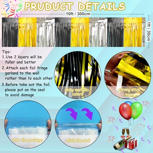 Image of 4 Packs Total 39 Ft Parade Floats for Trailer Car, Black Gold Silver Foil Fringe Garland Tinsel Streamers Banner Table Skirts for Graduation Homecoming New Year's Eve Birthday Party Decor