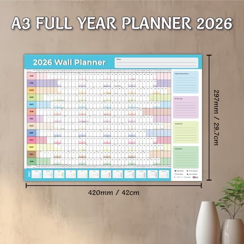 Papa Prints 2026 Wall Planner A3 Full Year to View Calendar 2026 Planner Wall A3 Calendar 2026 with UK Holidays for Home Office School Organiser