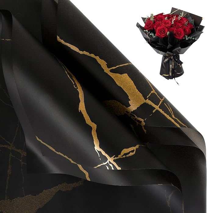 Zarwani - 10 Sheets Korean Style Waterproof Black Bouquet Wrapping Paper (58cm x 58cm, 60 Microns) | Marble Design, Giftwrap for Flowers & DIY Christmas Gift Wrapping Paper (10, Marble Black)