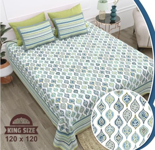 Image of YOKSH Handlooms - Premium Jaipuri 100% Cotton 240 TC|SuperKing Jumbo Size 120x120 INCH,10 FEET|Flat BEDSHEET|2 Pillow Covers|AZO-Free Colors (Rainbow Blue Grey 120116)
