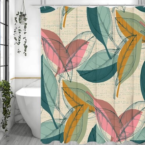 YUSUZHU Cortina de Ducha Vintage con Hojas de Colores, Cortina de Ducha Decorativa para baño, Cortina de Ducha Colgante Impermeable con 12 Ganchos (300x200cm/118x79in(WxH)/Color)