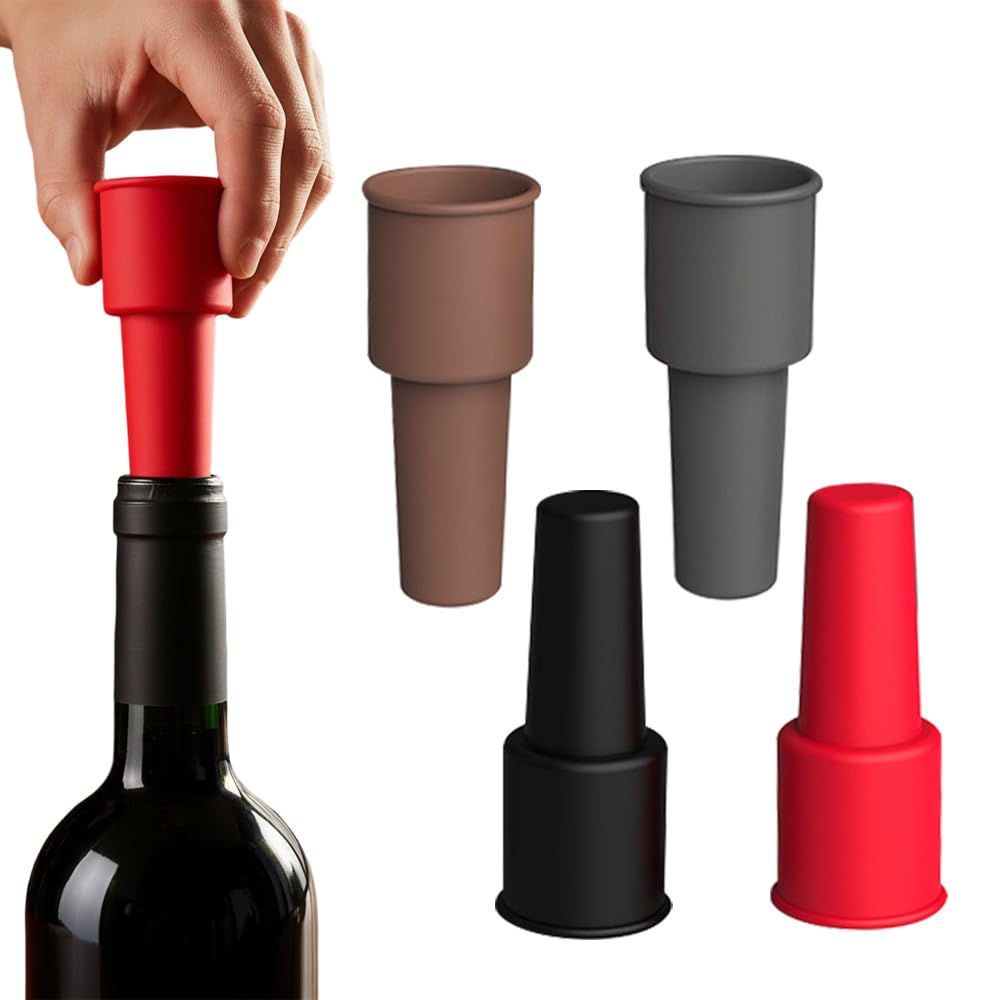 Silicone Wine Stopper for Wine Bottles, 2025 New Wine Stoppers for Wine Bottles, Seal Bottle Cover for Beer Champagne, Glass Bottle Sealer Covers Wine Stoppers for Home Use (4, No Handle)