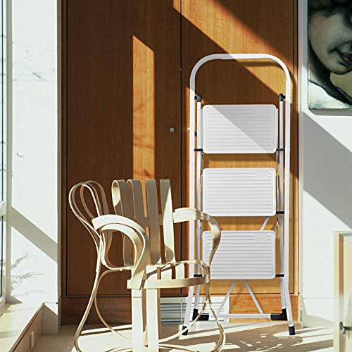Delxo 3 Step Ladder Folding Step Stool Ladder with Handgrip Anti-Slip Sturdy and Wide Pedal Multi-Use for Household and Office Portable Step Stool Steel 300lbs White (3 feet)