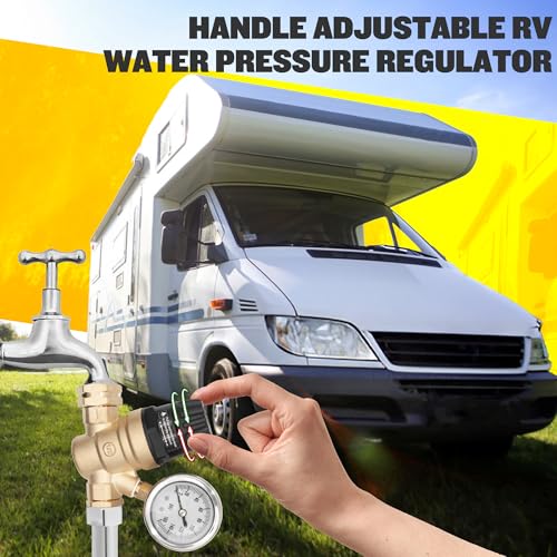 Image of RV Water Pressure Regulator for RV Camper, Handle Adjustable RV Water Pressure Regulator, Brass Lead-Free RV Water Pressure Regulator with 0-160 PSI Gauge and 2 Inlet Screened Filters