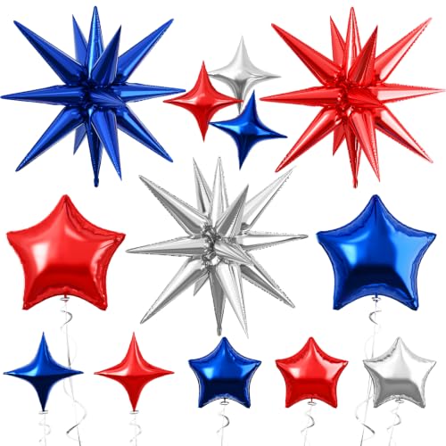Image of Red Blue Silver Balloons 22 18 10 In 4th of July Patriotic Navy Royal Blue Red Explosion Star Foil Balloon for USA 250th Anniversary Fourth of July Independence Day Memorial Birthday Grad Party Decor