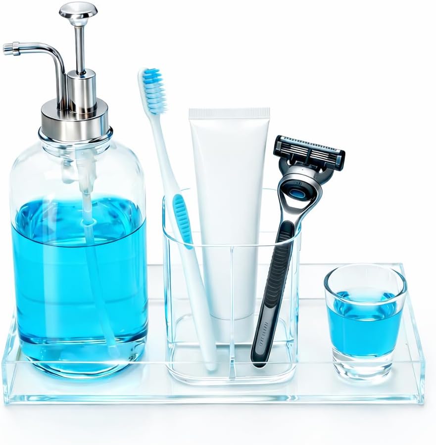 Glass Mouthwash Dispenser Set with Tray, Cup & Toothbrush Holder, 500ml Bottle for Bathroom Countertop Organization | Mouthwash Dispenser with Pump & 3-Slot Holder